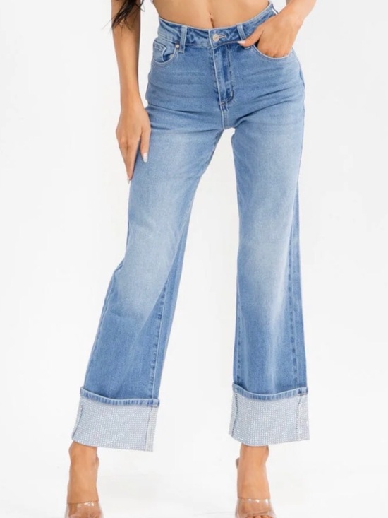 Denim - A318. Light Blue Wide Leg Rhinestone Cuffed Jeans